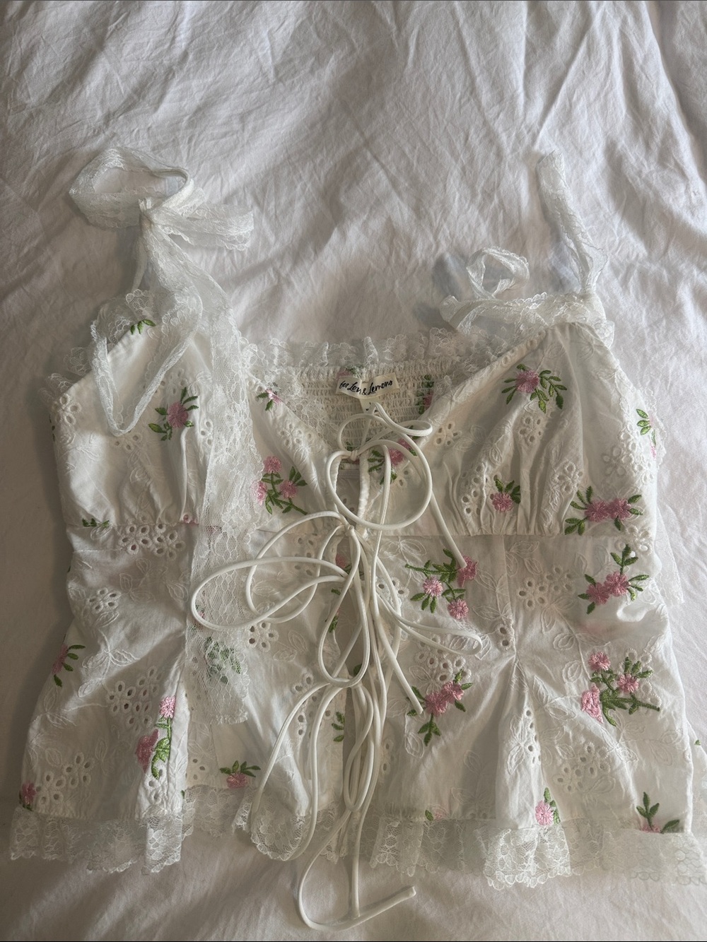 For Love & Lemons White Eyelet Lace-Up Crop Top with Pink Floral Embroidery